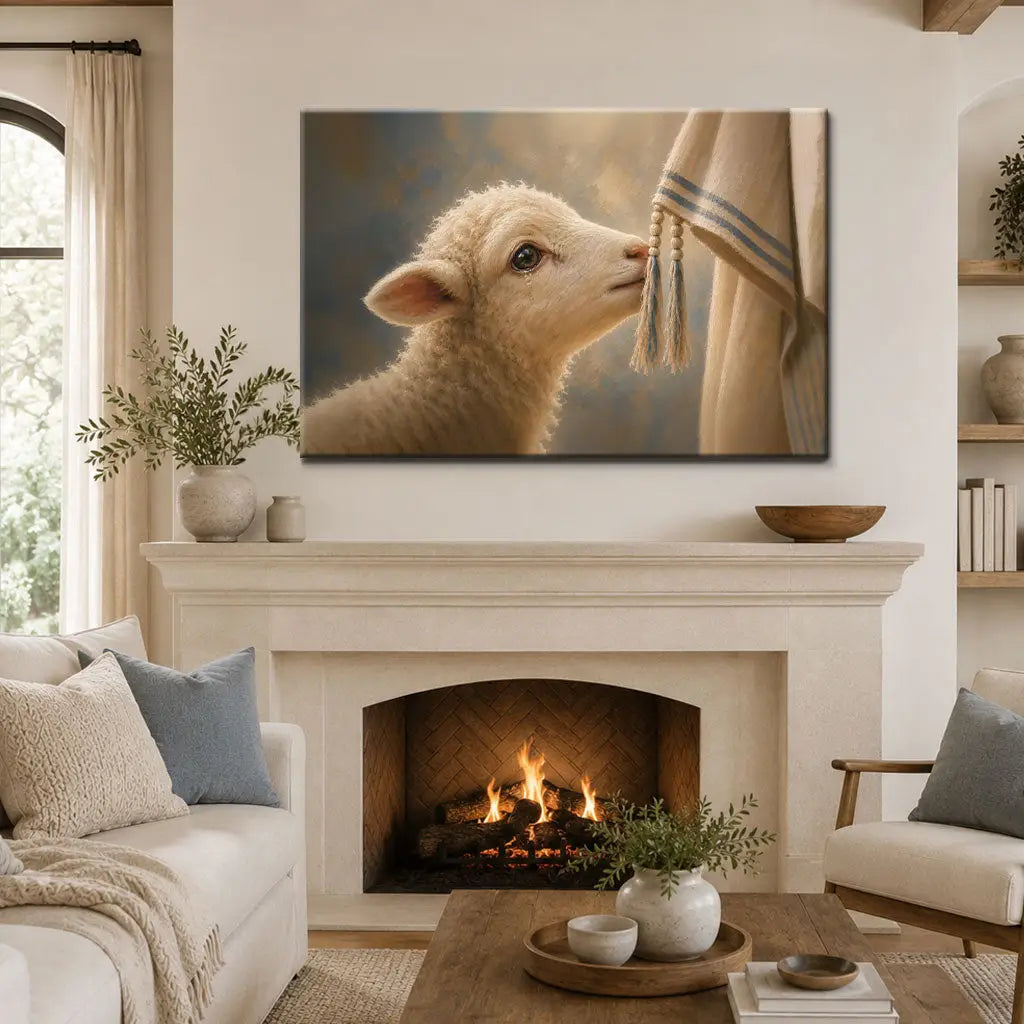 Lost lamb touching Jesus’ garment Christian canvas art for peaceful home decor