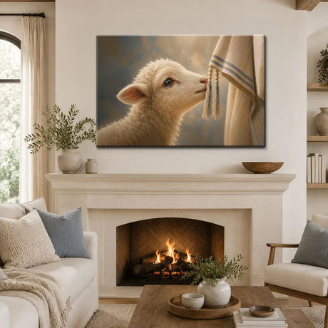 Lost lamb touching Jesus’ garment Christian canvas art for peaceful home decor