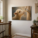Christian wall art canvas showing a lost lamb reaching for the hem of Jesus’ robe

