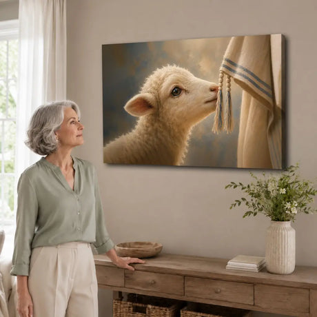 Little Lost Sheep Touching Jesus’ Garment Christian Wall Art Canvas