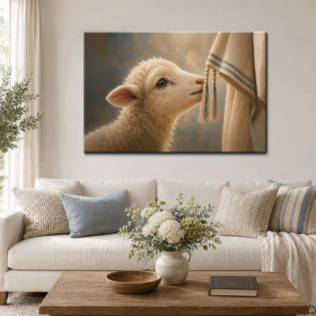 Little lost sheep touching Jesus’ garment Christian wall art canvas with gentle divine light