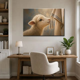 Christian wall decor featuring a little sheep beside Jesus’ robe in a tender faith scene