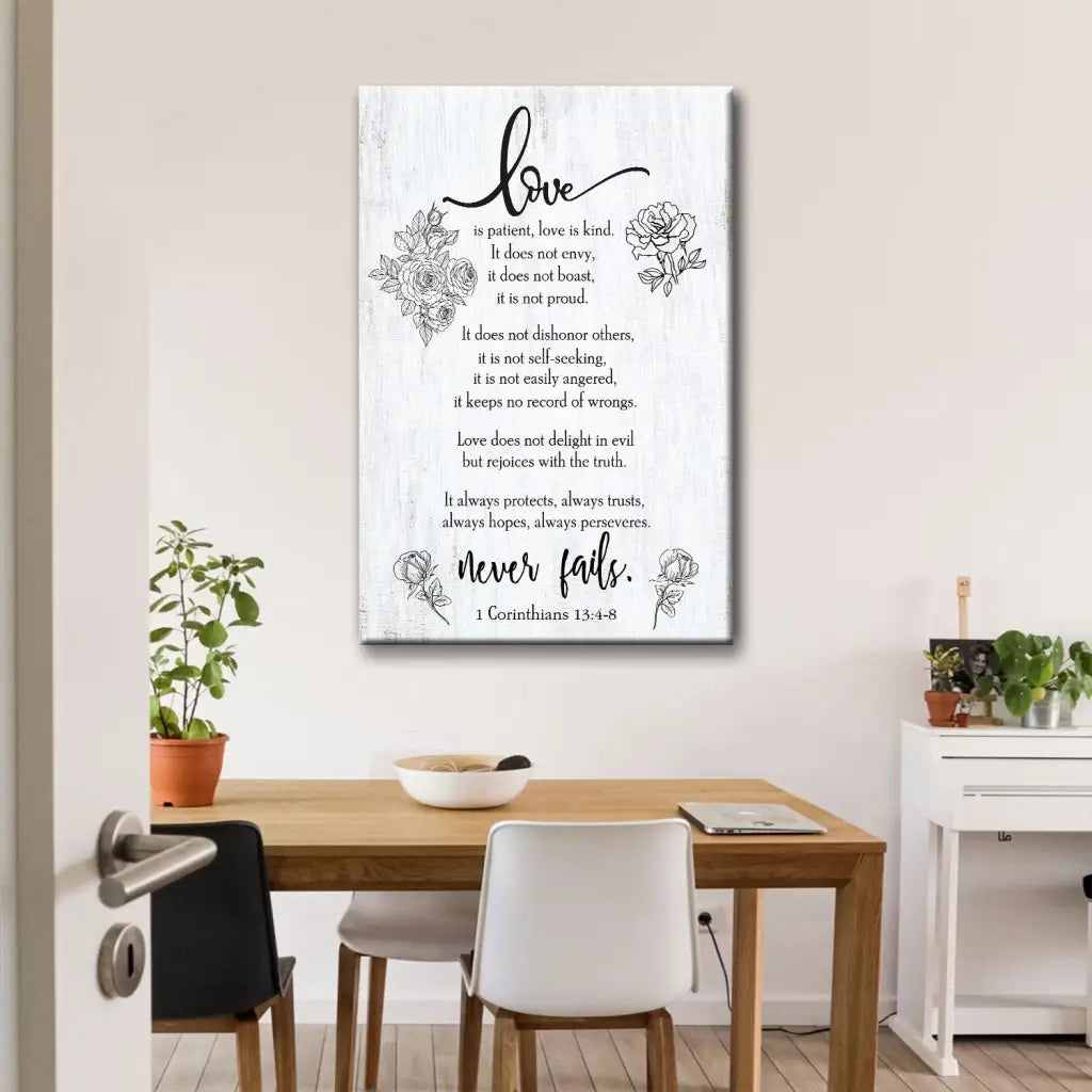 Faith-based Bible verse wall art with 1 Corinthians 13:4-8, &quot;Love Never Fails,&quot; great religious decor for Christian homes.