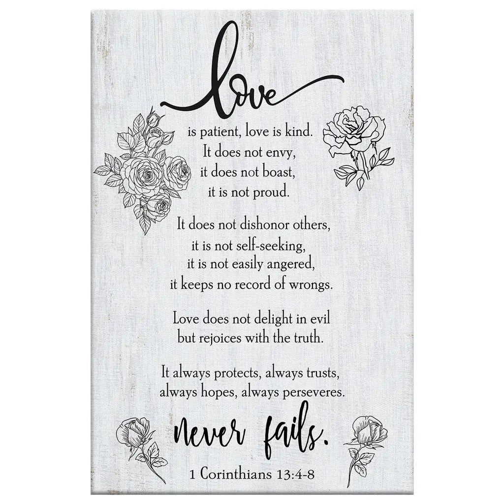 Christian Decor, Love Is Patient Love Is Kind 1 Corinthians 13:4-8 Canvas Print - Bible Verse Wall Art