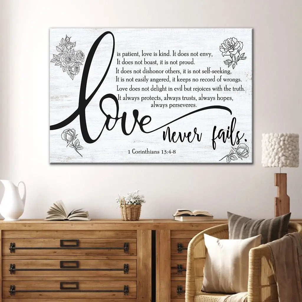 Scripture Wall Art, Love Is Patient Love Is Kind 1 Corinthians 13:4-8 Canvas Print - Bible Verse Wall Art