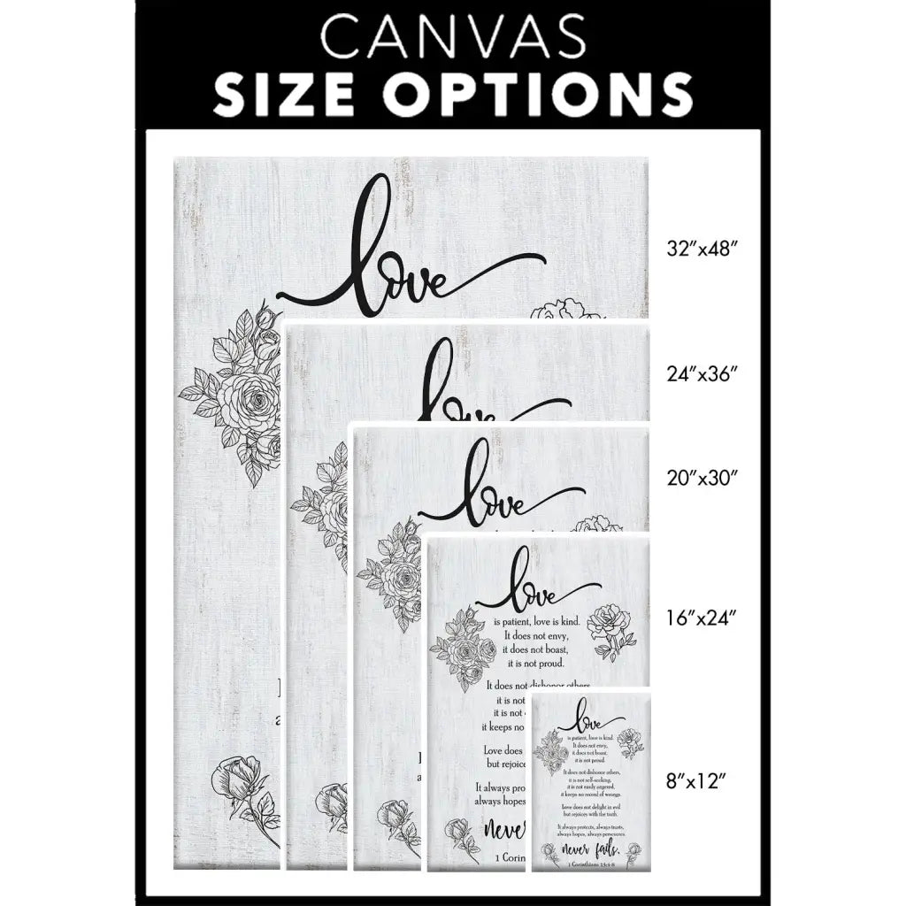 Christian canvas print with 1 Corinthians 13:4-8, &quot;Love Never Fails,&quot; ideal inspirational wall art for believers.