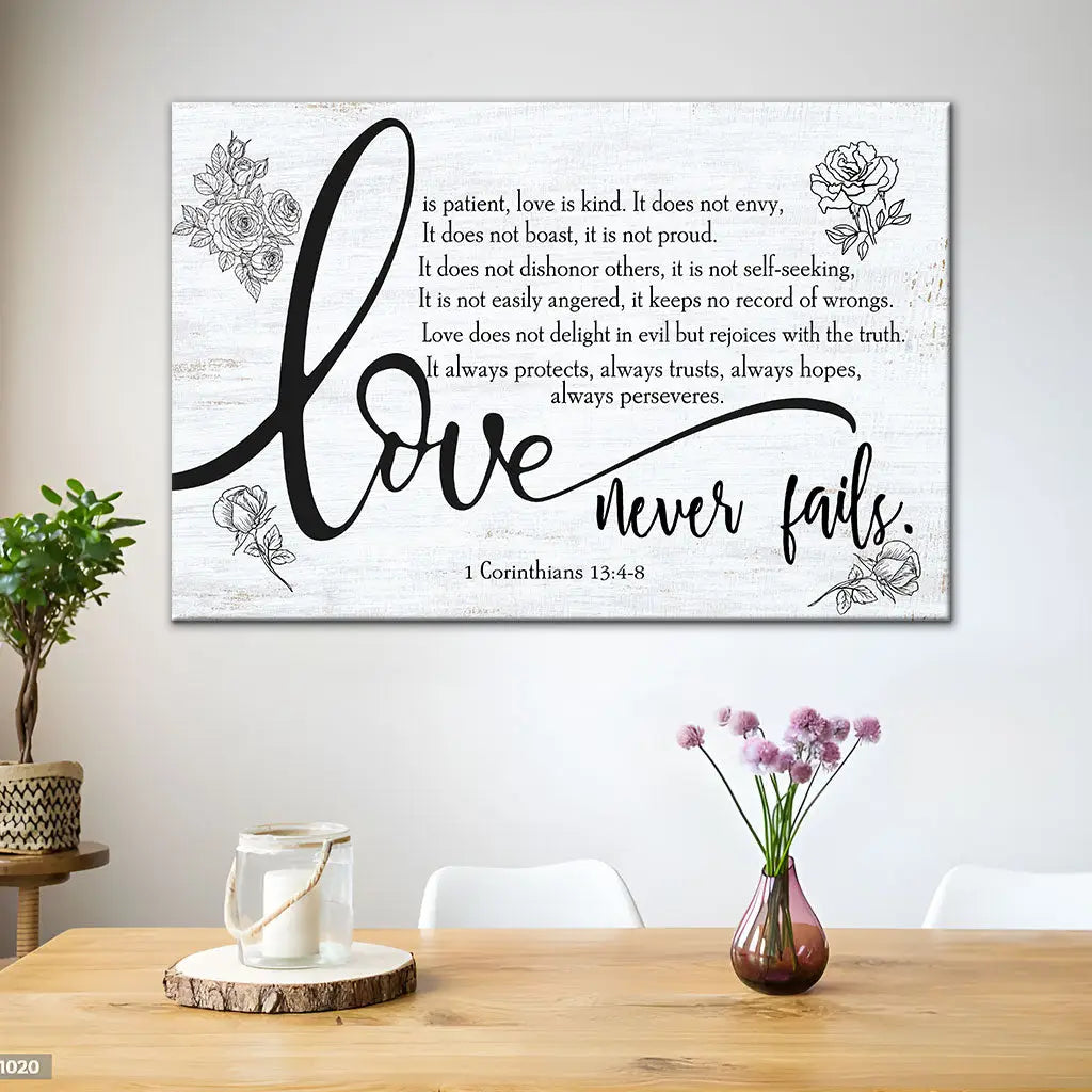 Bible Verse Wall Art, Love Is Patient Love Is Kind 1 Corinthians 13:4-8 Canvas Print - Bible Verse Wall Art Landscape / 12’’ x 8’’