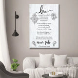 Inspirational wall art canvas print with 1 Corinthians 13:4-8 Bible verse, "Love Never Fails," ideal Christian gift for homes. Portrait / 8’’ x 12’’