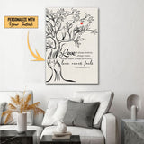 Christian wall art canvas featuring 1 Corinthians 13:7-8, "Love Never Fails," with personalized initials carved in a tree design.