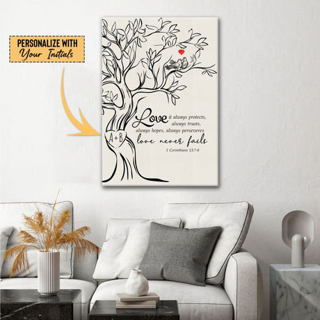 Christian wall art canvas featuring 1 Corinthians 13:7-8, "Love Never Fails," with personalized initials carved in a tree design.
