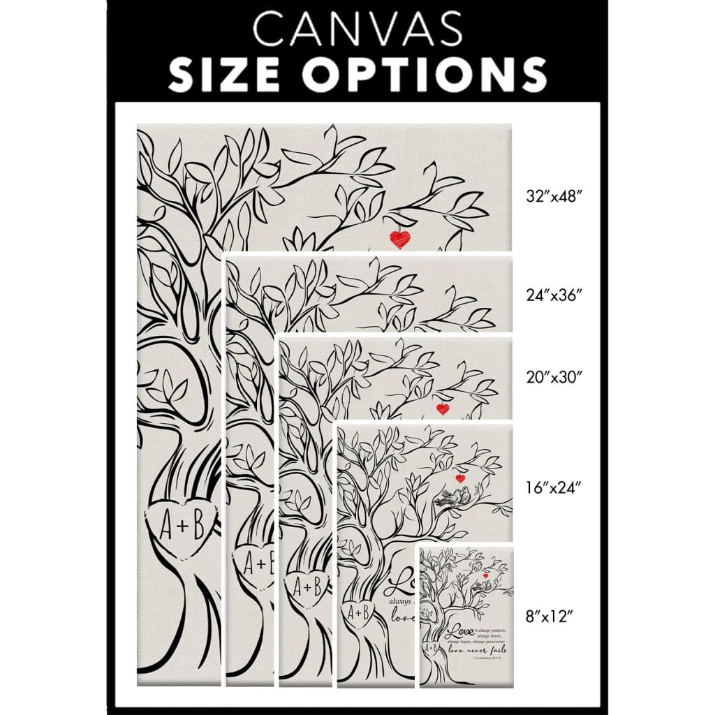 Love Never Fails Personalized Initials Carved In Tree Wall Art Canvas Size Options