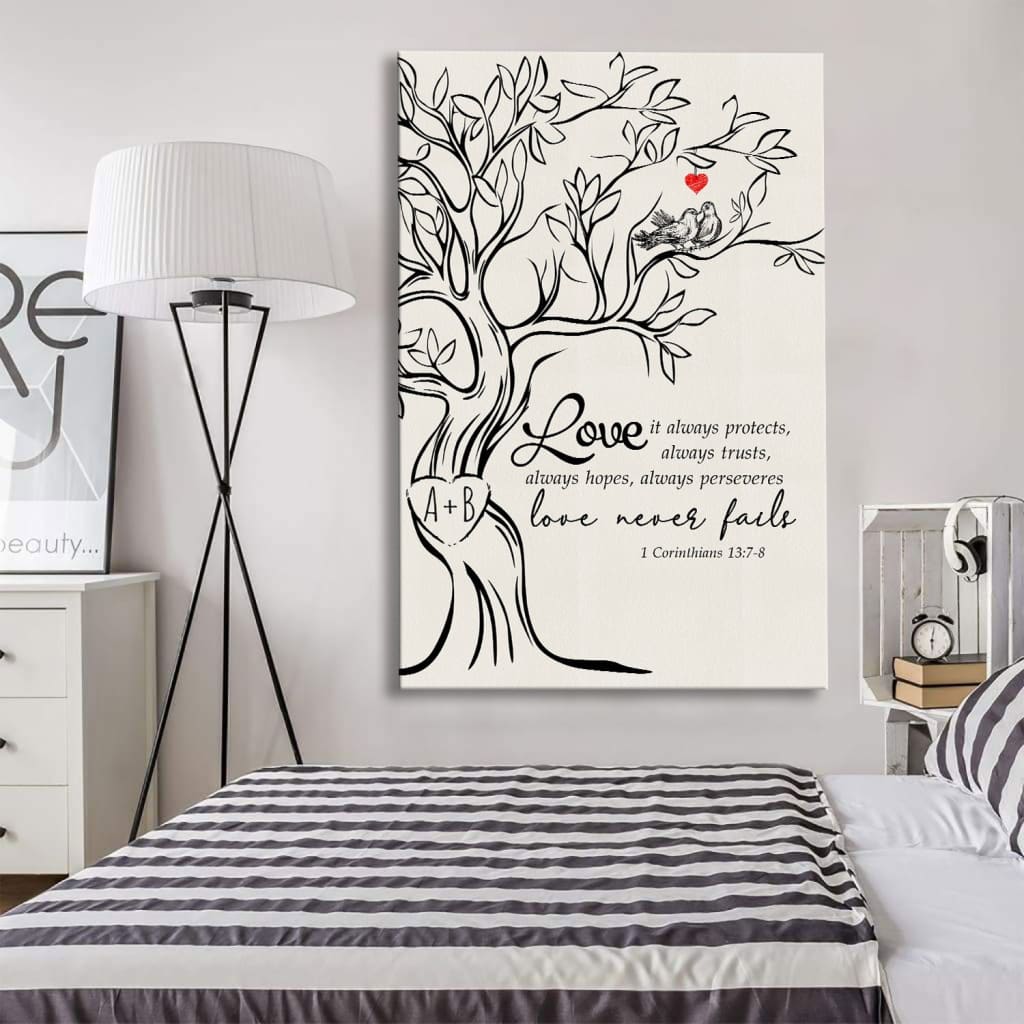 Inspirational wall art canvas showcasing 1 Corinthians 13:7-8, "Love Never Fails," and personalized initials carved in a tree.