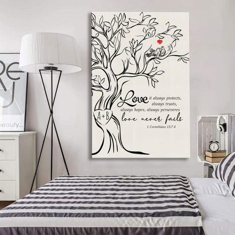 Inspirational wall art canvas showcasing 1 Corinthians 13:7-8, "Love Never Fails," and personalized initials carved in a tree.