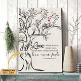 Bible verse wall art with 1 Corinthians 13:7-8, "Love Never Fails," featuring carved initials in a tree, perfect for romantic decor.