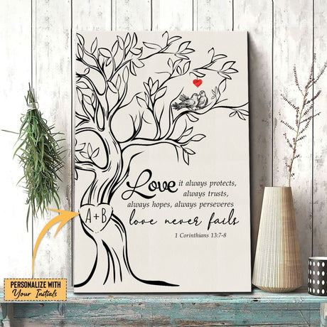 Bible verse wall art with 1 Corinthians 13:7-8, "Love Never Fails," featuring carved initials in a tree, perfect for romantic decor.