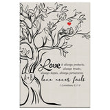 Christian home decor featuring 1 Corinthians 13:7-8, "Love Never Fails," with tree initials design, perfect for couples' gifts.