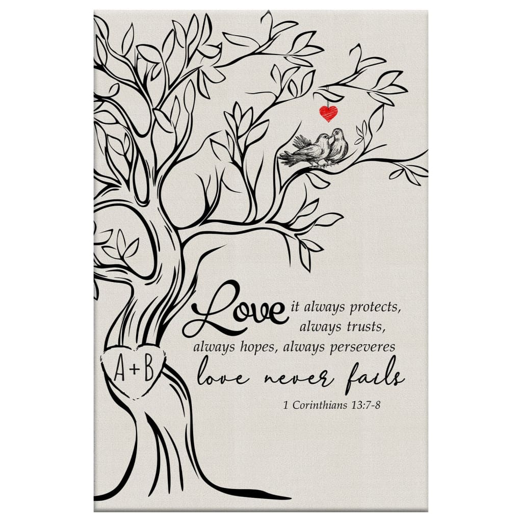 Christian home decor featuring 1 Corinthians 13:7-8, "Love Never Fails," with tree initials design, perfect for couples' gifts.