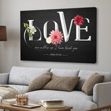 Inspirational canvas with John 13:34, "Love one another as I have loved you," adorned with vibrant flowers, perfect for Christian gifts and home decor.