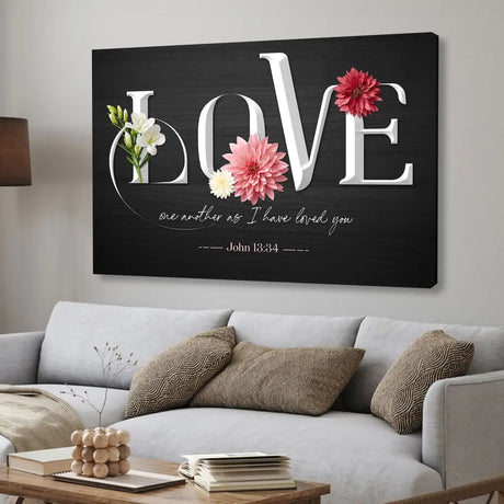 Inspirational canvas with John 13:34, "Love one another as I have loved you," adorned with vibrant flowers, perfect for Christian gifts and home decor.