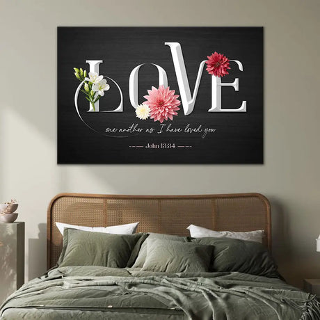 Faith-based decor with John 13:34, "Love one another as I have loved you," and the word "LOVE" decorated with colorful flowers, ideal for housewarmings or anniversaries.
