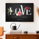 Christian wall art with John 13:34, "Love one another as I have loved you," featuring the word "LOVE" decorated with colorful flowers, ideal for weddings, anniversaries, or birthdays.