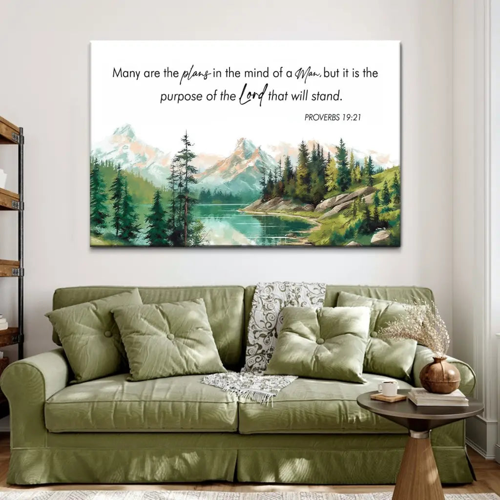 Inspirational wall art with Proverbs 19:21, "Many Are The Plans," serene landscape of mountains and pine trees, ideal for Christian homes.