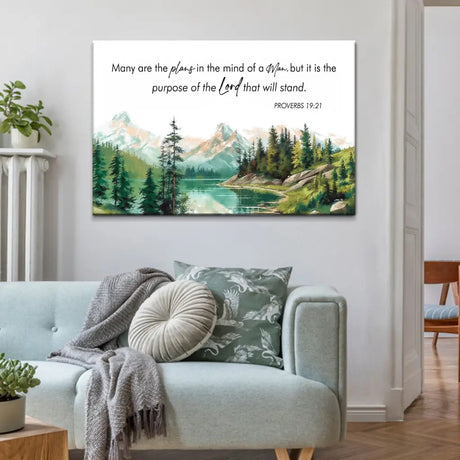 Christian wall art canvas featuring Proverbs 19:21, "Many Are The Plans," with a serene mountain and lake landscape, perfect faith-based decor.