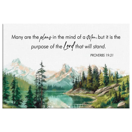 Bible verse canvas print with Proverbs 19:21, "Many Are The Plans," featuring a tranquil lake and mountain setting, perfect for Scripture-inspired gifts.