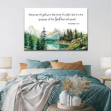 Scripture wall art featuring Proverbs 19:21, "Many Are The Plans," with a peaceful mountain and lake scene, perfect Christian decor.