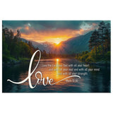 Christian canvas wall art with Mark 12:30, "Love the Lord your God with all your heart," capturing the beauty of a sunset over mountains and lake.
