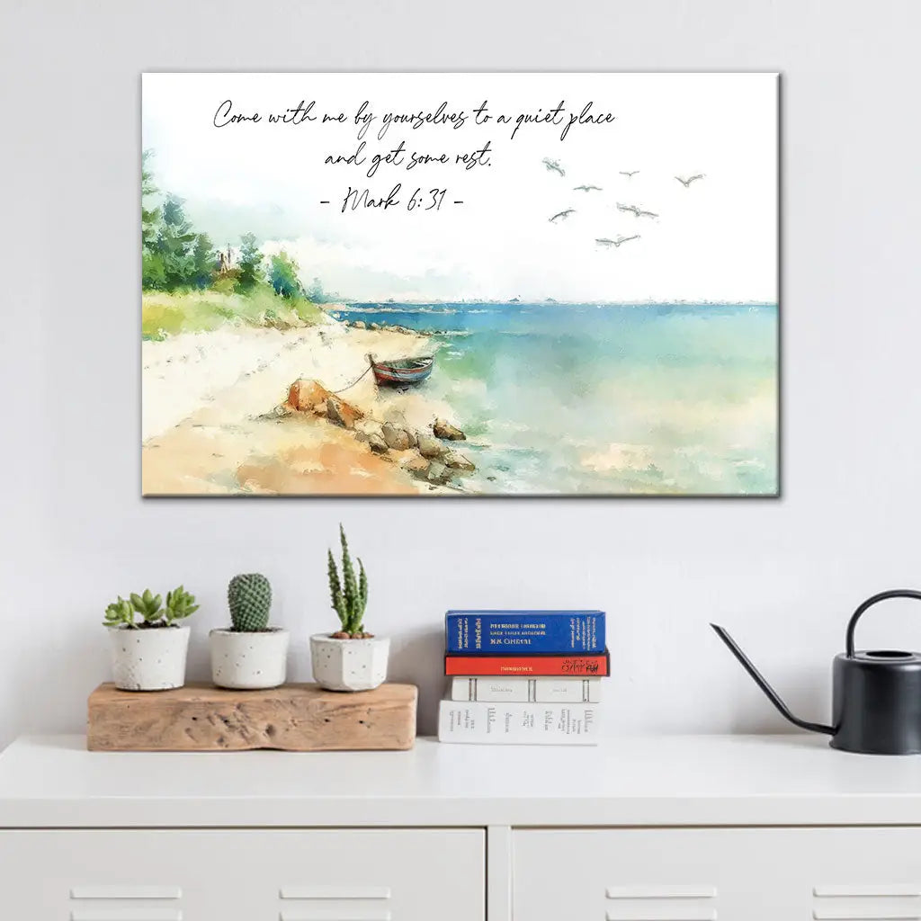 Religious wall art canvas with Mark 6:31 Bible verse, great for Christian homes and faith-filled decor.