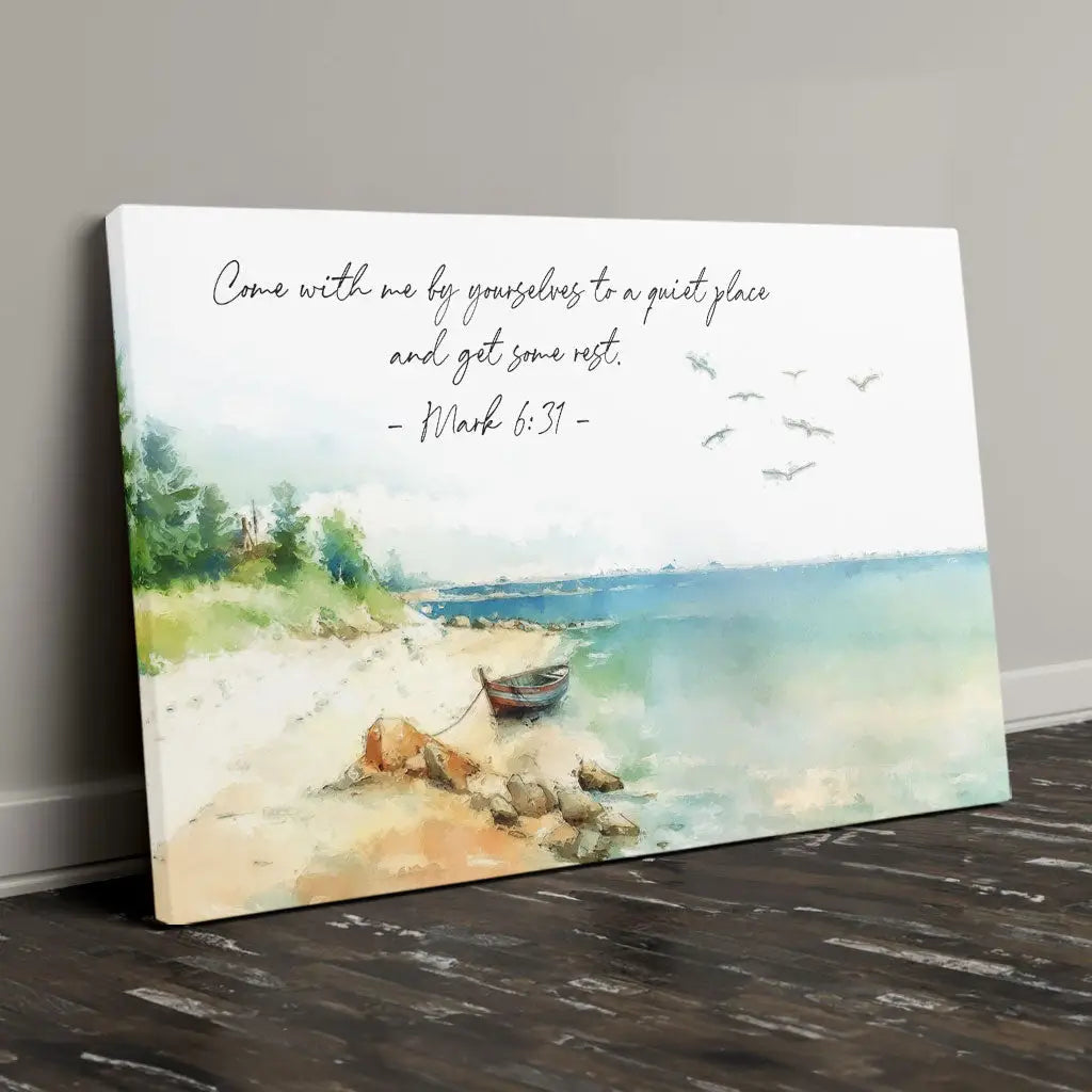 Faith-based wall art canvas with Mark 6:31, ideal Christian gift for peaceful, scripture-inspired home decor.