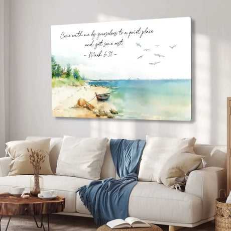 Christian wall art featuring Mark 6:31, "Come With Me By Yourselves To A Quiet Place," perfect faith-based decor.