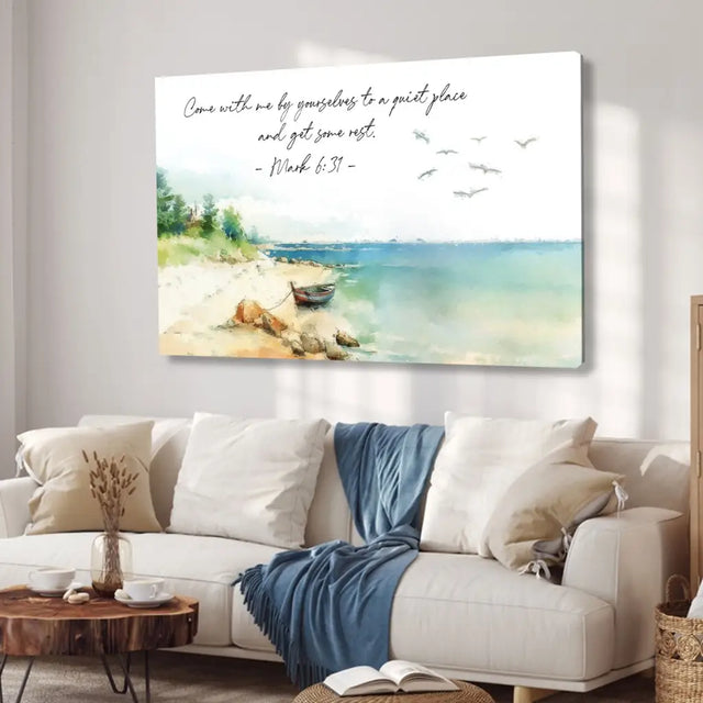 Christian wall art featuring Mark 6:31, "Come With Me By Yourselves To A Quiet Place," perfect faith-based decor.