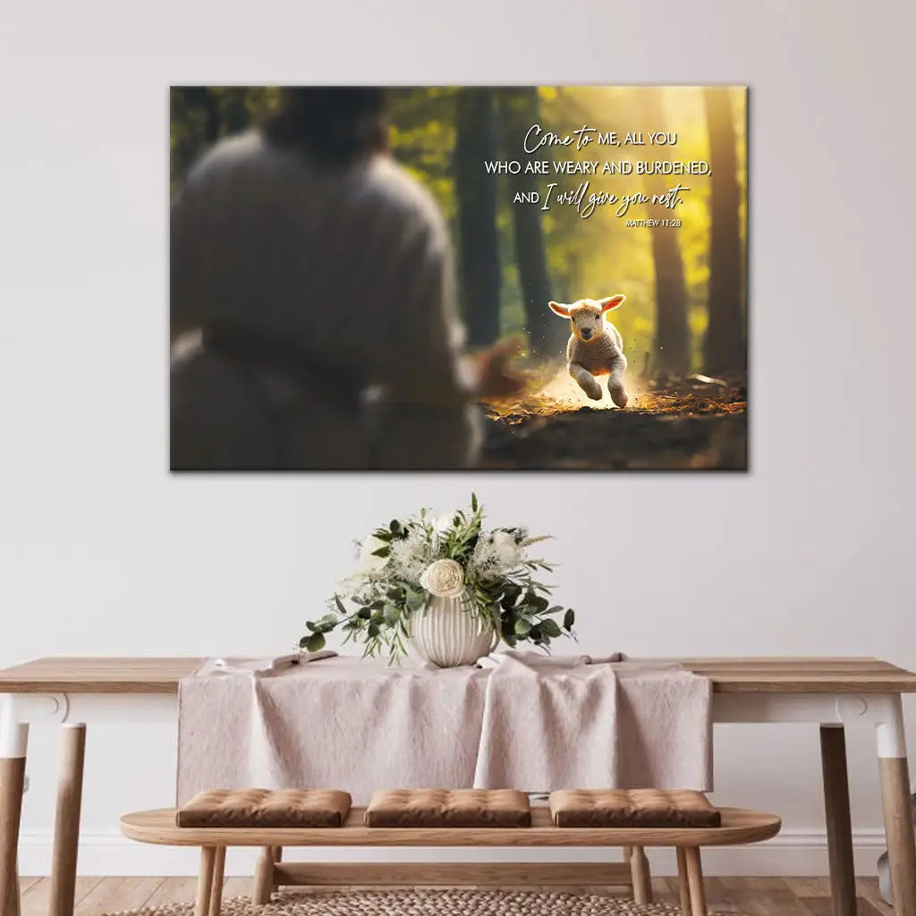 Bible verse wall decor with Matthew 11:28, a lamb running to Jesus in a forest scene, a meaningful Christian gift.
