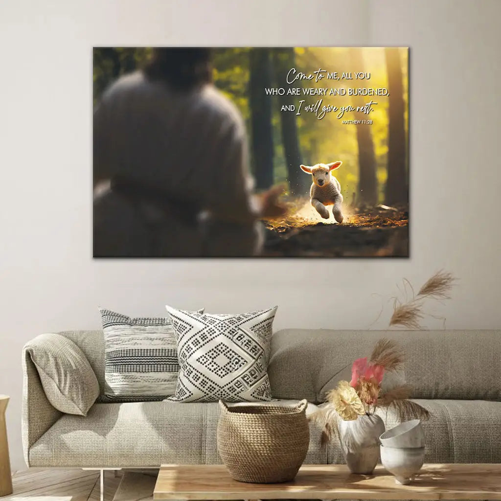 Matthew 11:28 wall art featuring a lamb running to Jesus in the forest, a serene Christian decor piece with a comforting Bible verse.