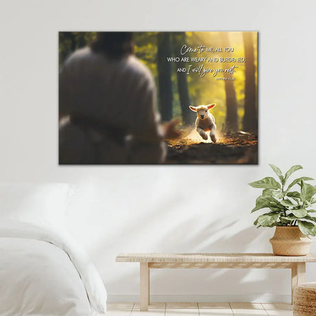 Faith-filled wall art of Matthew 11:28, "Come to me all who are weary," featuring a lamb and Jesus, perfect for Christian homes.