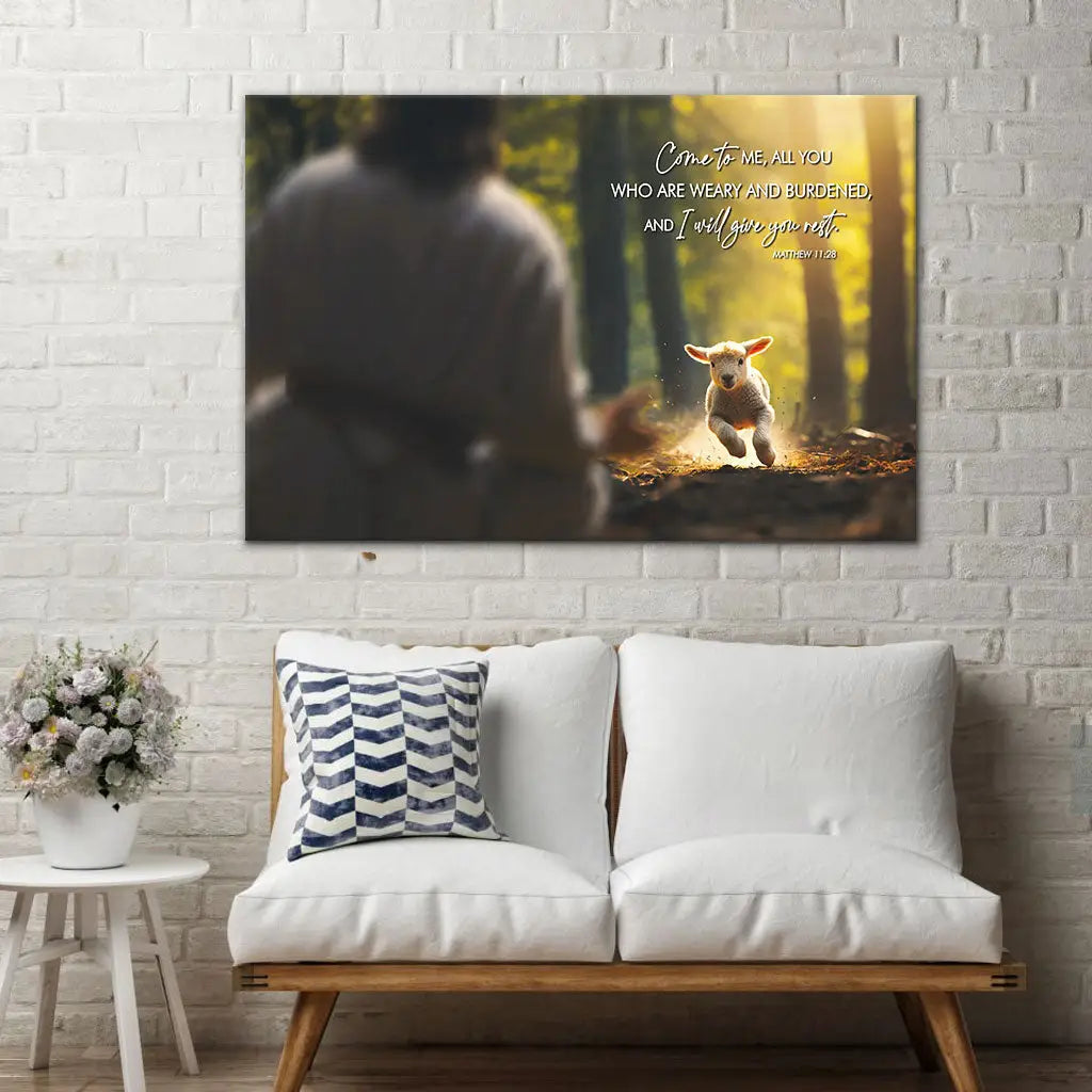 Inspiring canvas art with Matthew 11:28, showcasing a lamb and Jesus in the forest, ideal for faith-based home decor.