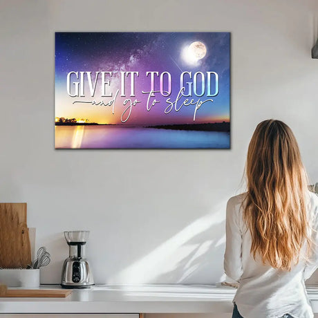 Christian wall art with moon and night sky, Give It to God and Go to Sleep canvas for peace and faith.