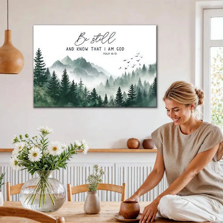 Inspirational canvas print with Psalm 46:10 over serene mountain landscape.