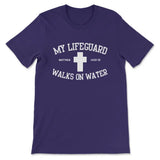 Inspirational t-shirt featuring "My Lifeguard Walks On Water," ideal Christian apparel for Jesus followers. Team Purple