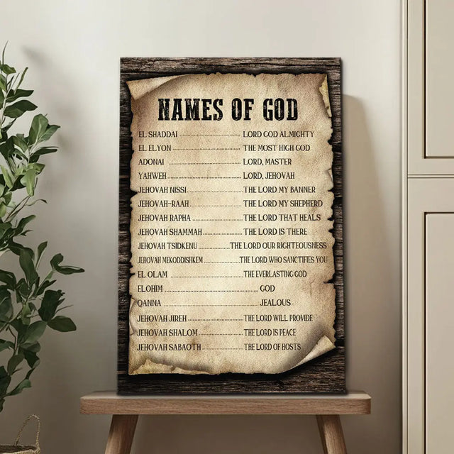 "Names of God" wall art canvas print, Christian wall decor, perfect for inspiring faith and spiritual reflection.