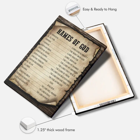 "Names of God" Christian canvas print, a timeless addition to any home, offering spiritual encouragement and faith-based decor.