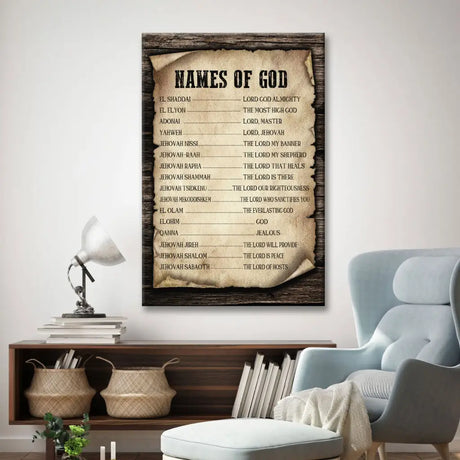 Inspirational "Names of God" wall art canvas, showcasing divine attributes, a perfect Christian gift for any occasion.