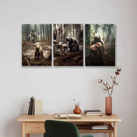 Christian wall art with a three-panel design of Jesus running, rescuing, and carrying, offering a spiritual touch. 3 Panel (12 x 18 Each)