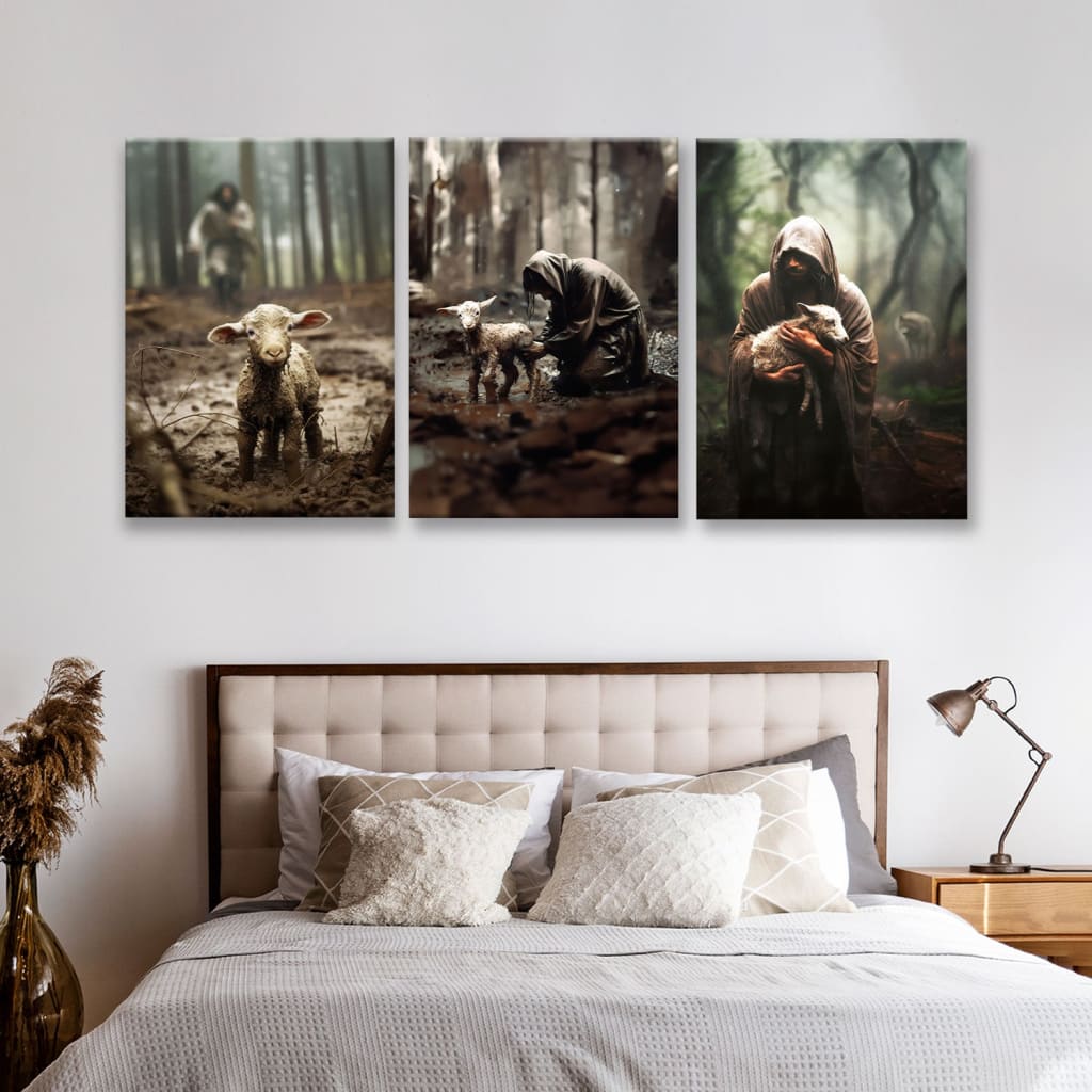 (No Text) He Ran He Rescued He Carried 3 Panel Canvas Wall Art, Jesus And Lamb 3 Panel (16 x 24 Each)