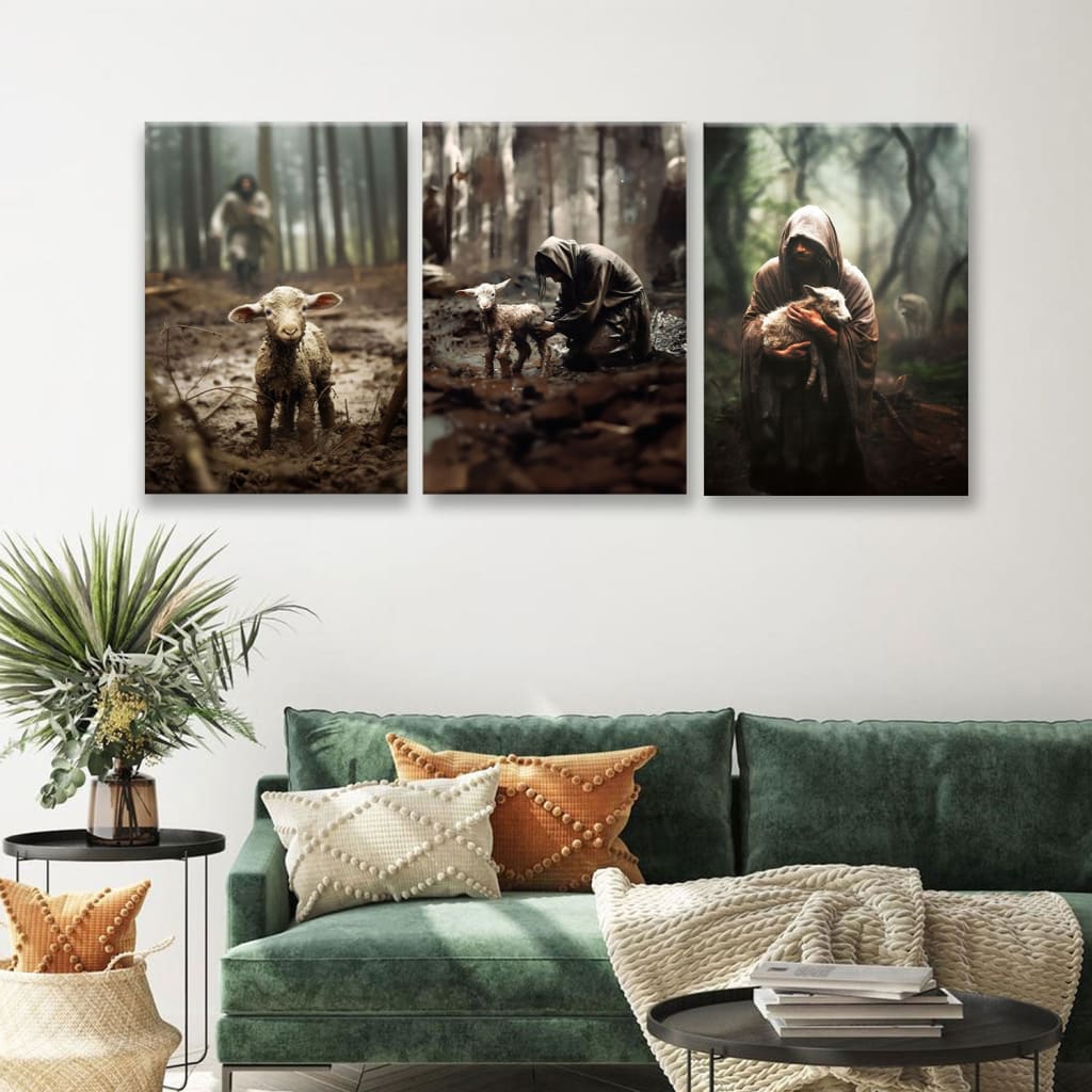 Three-panel canvas wall art showing Jesus running, rescuing, and carrying, Christian home decor. 3 Panel (20 x 30 Each)