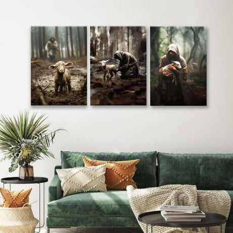 Three-panel canvas wall art showing Jesus running, rescuing, and carrying, Christian home decor. 3 Panel (20 x 30 Each)