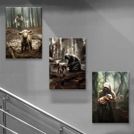 (No Text) Faith-centered 3-panel canvas featuring scenes of Jesus running, rescuing, and carrying.