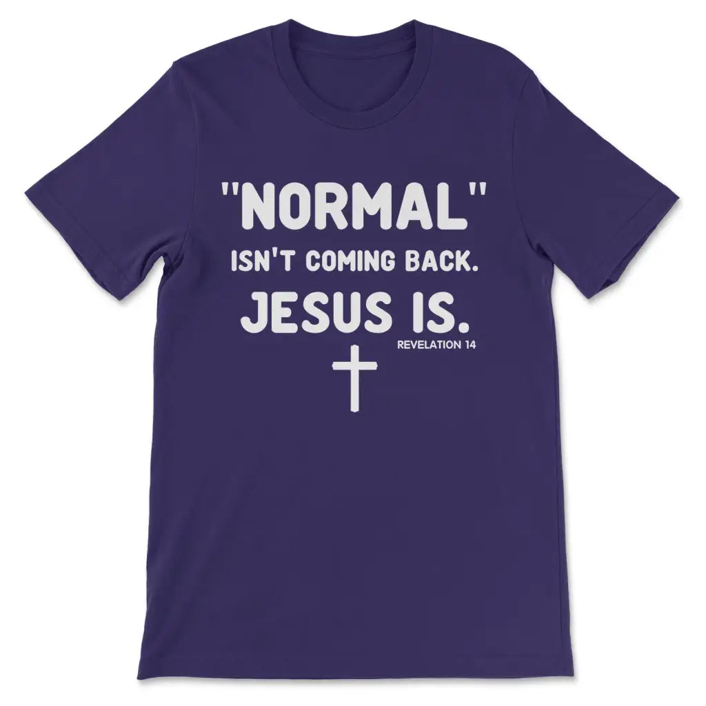 Inspirational t-shirt featuring "Normal Isn't Coming Back Jesus Is" and Revelation 14, ideal for believers. Team Purple